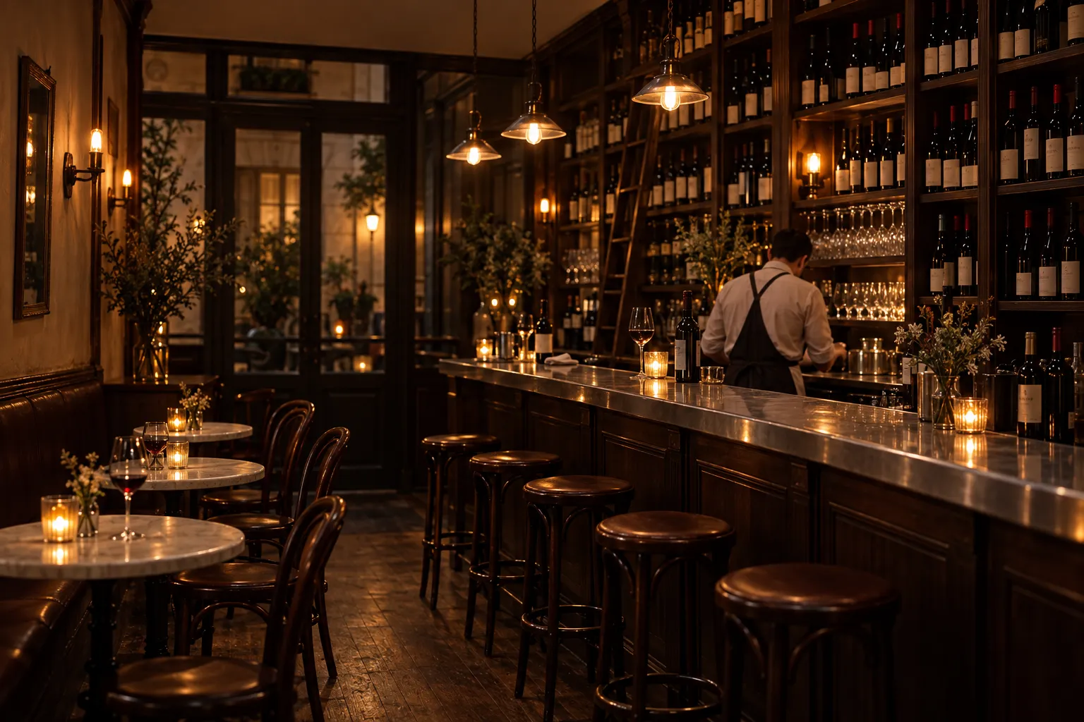 A narrow, dim wine bar with bottles racked to the ceiling and a handful of small marble tables