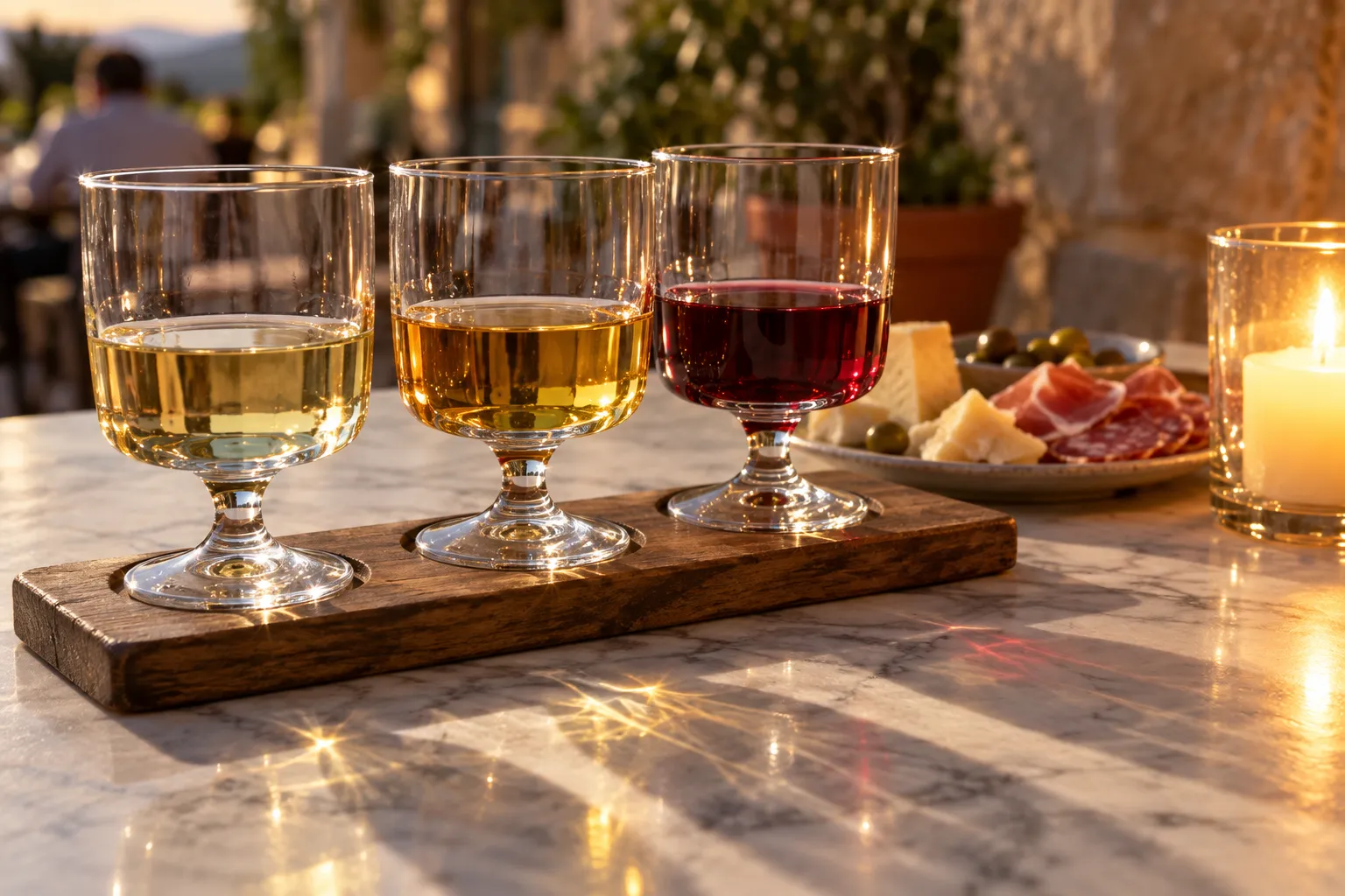 Three glasses of wine lined up on a wooden board, colour deepening from left to right