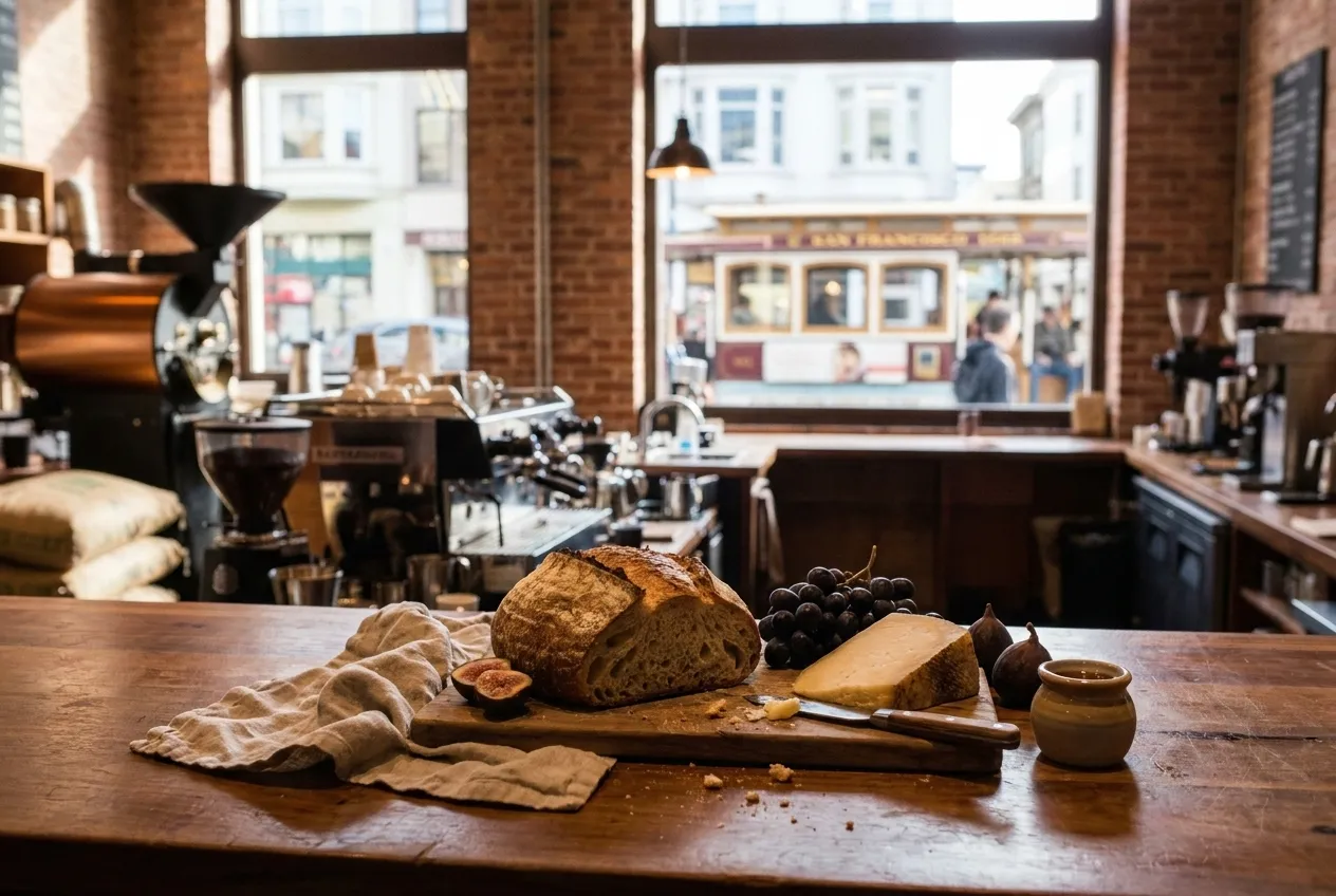 A white ceramic cortado cup on a wooden table beside an open laptop, natural light streaming through tall windows casting soft shadows across the surface, steam rising from the coffee.