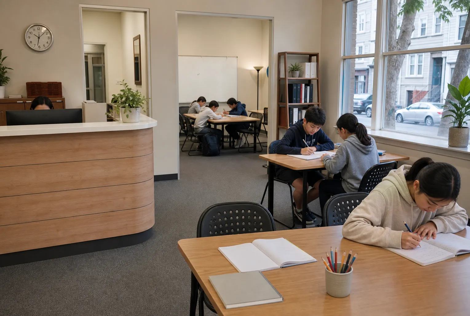 A small tutoring center interior with desks, books, and a calm homework setup