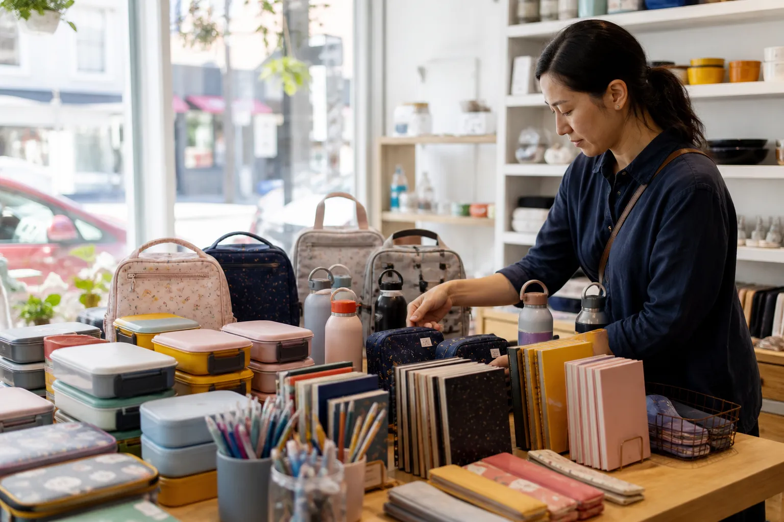Lunch boxes and school supplies arranged on a shop counter in Hayes Valley