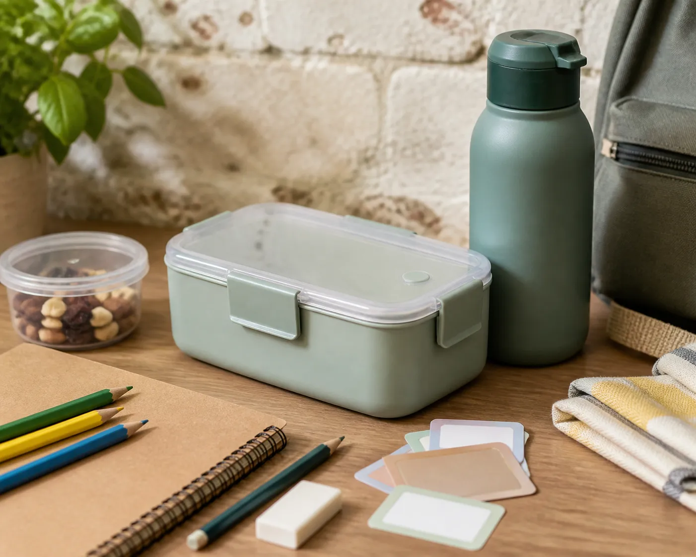 A leakproof lunch box with notebooks and pencils on a tabletop