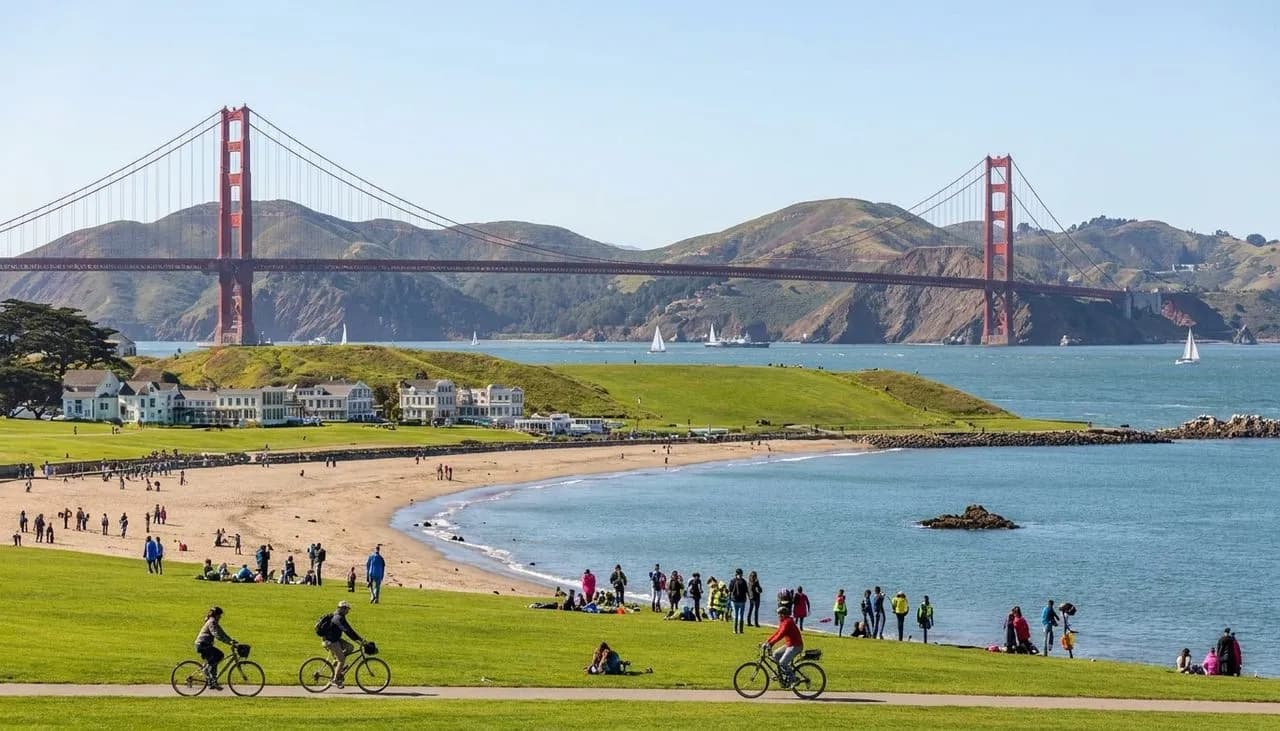 Walkers and cyclists along the Crissy Field waterfront in San Francisco