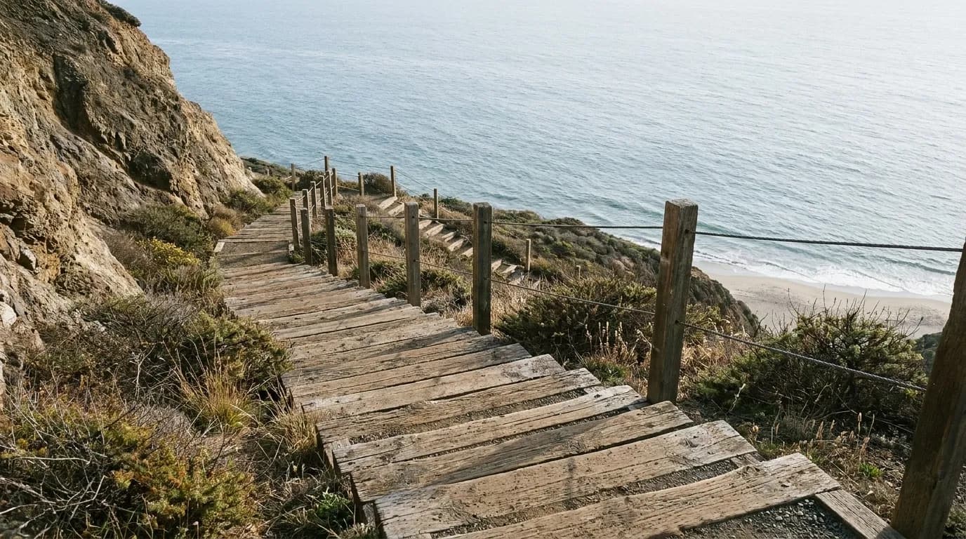 A wooden staircase descending a steep coastal bluff through low scrub toward the sea.
