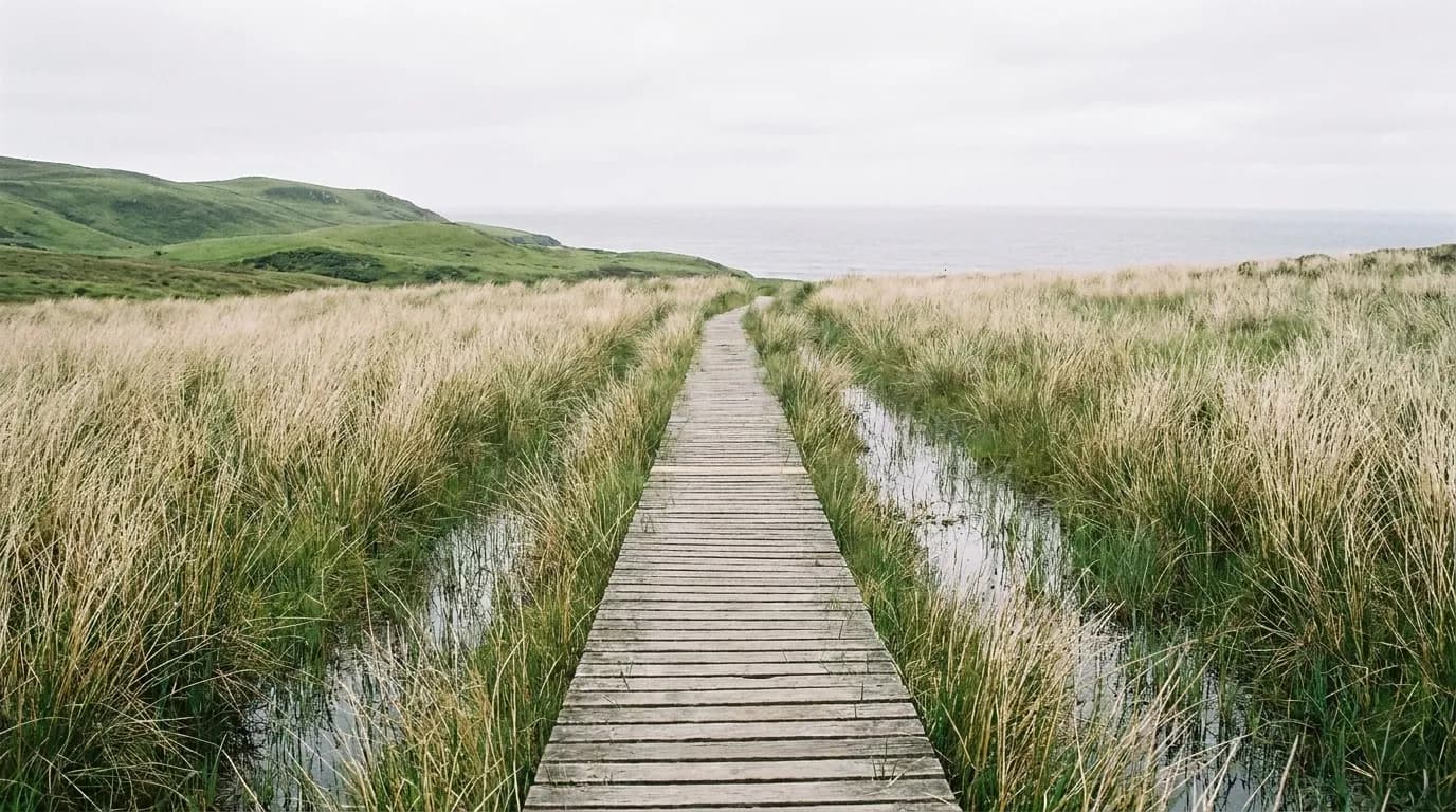 A wooden boardwalk crossing a coastal wetland toward the sea, tall grasses on both sides.