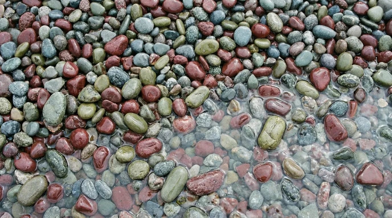 Close view of small smooth beach pebbles in deep red, green and grey tones.