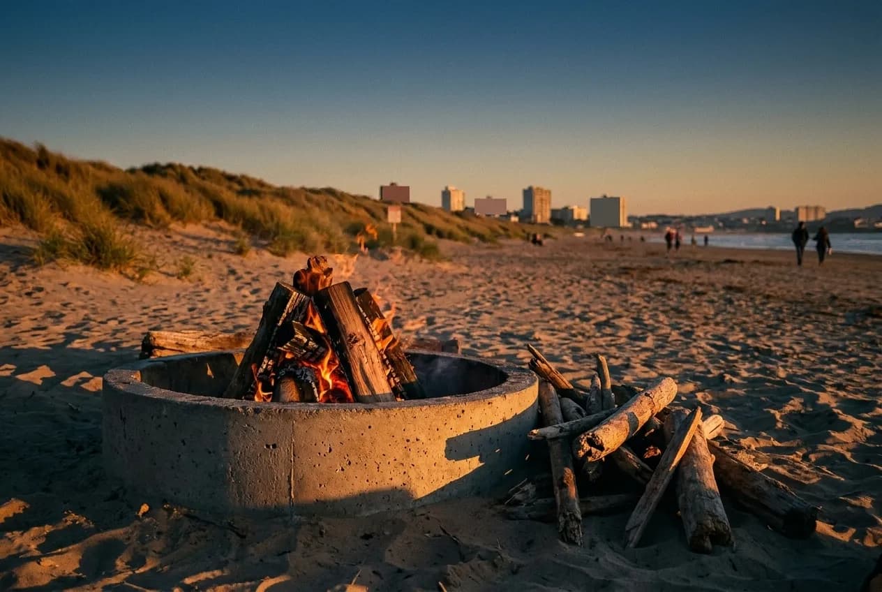 A fire ring in the sand at dusk, driftwood stacked beside it