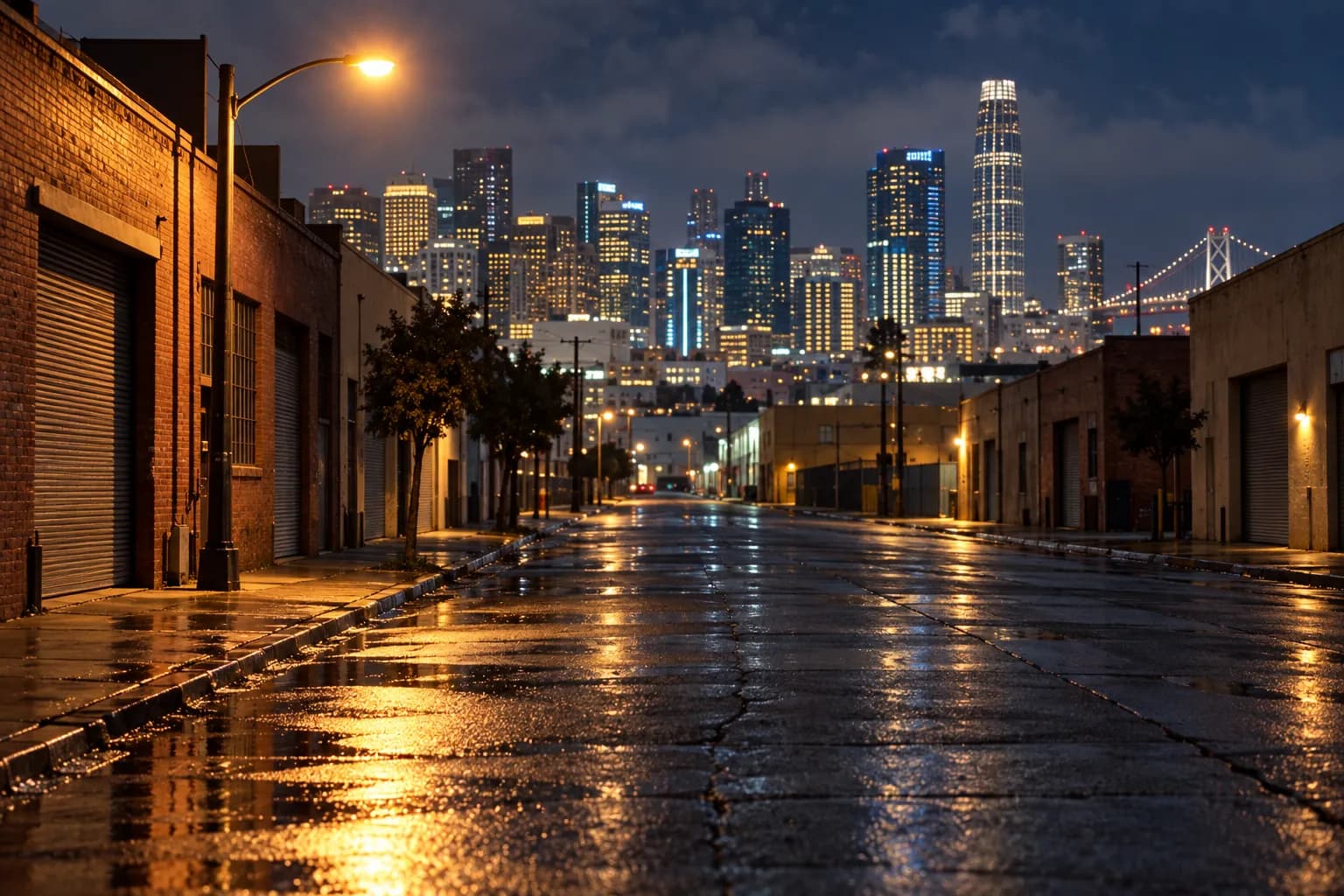 A wide South of Market street at night with warehouse buildings and street light