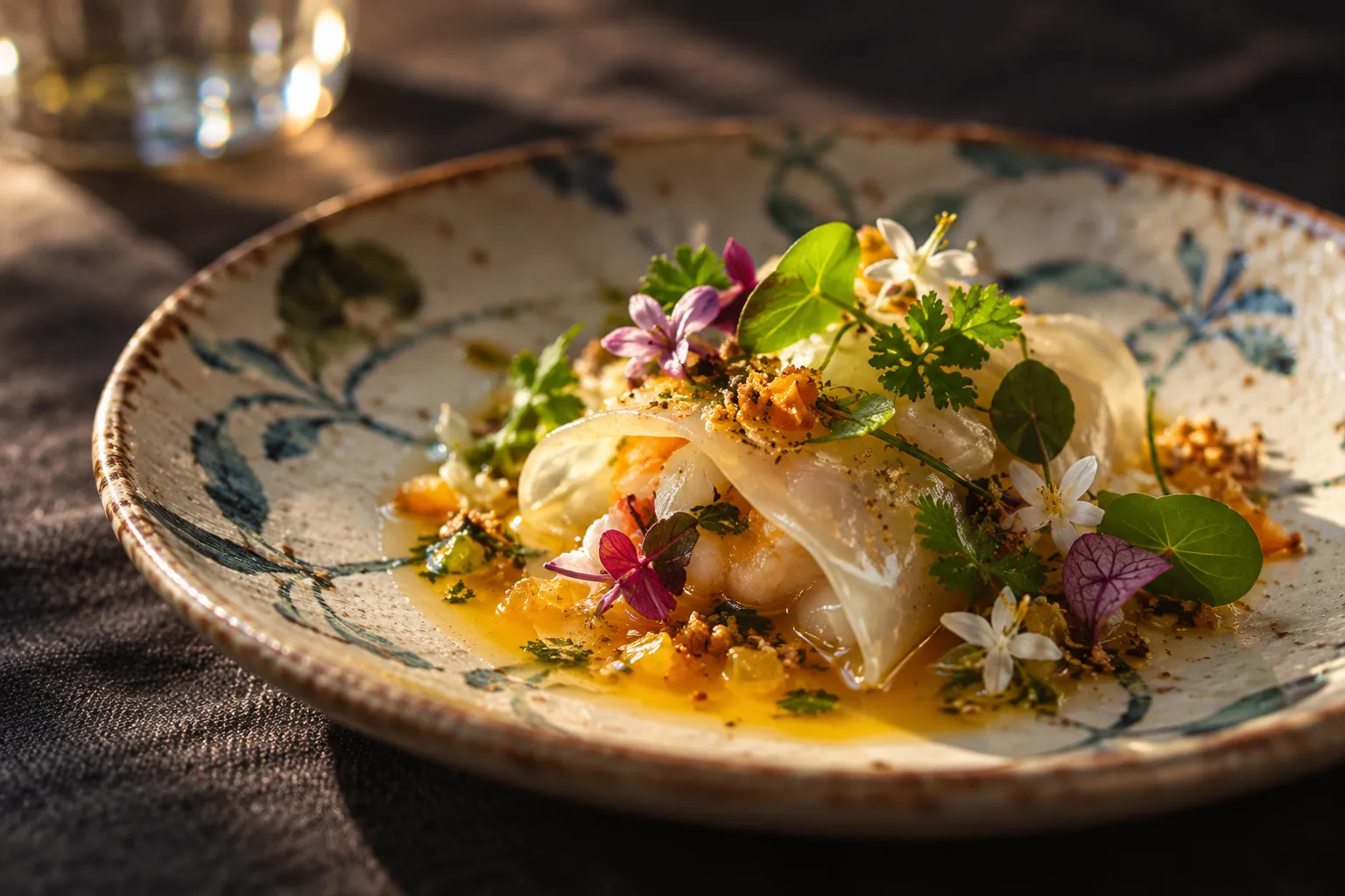 An ornate small course on a decorated plate under warm light