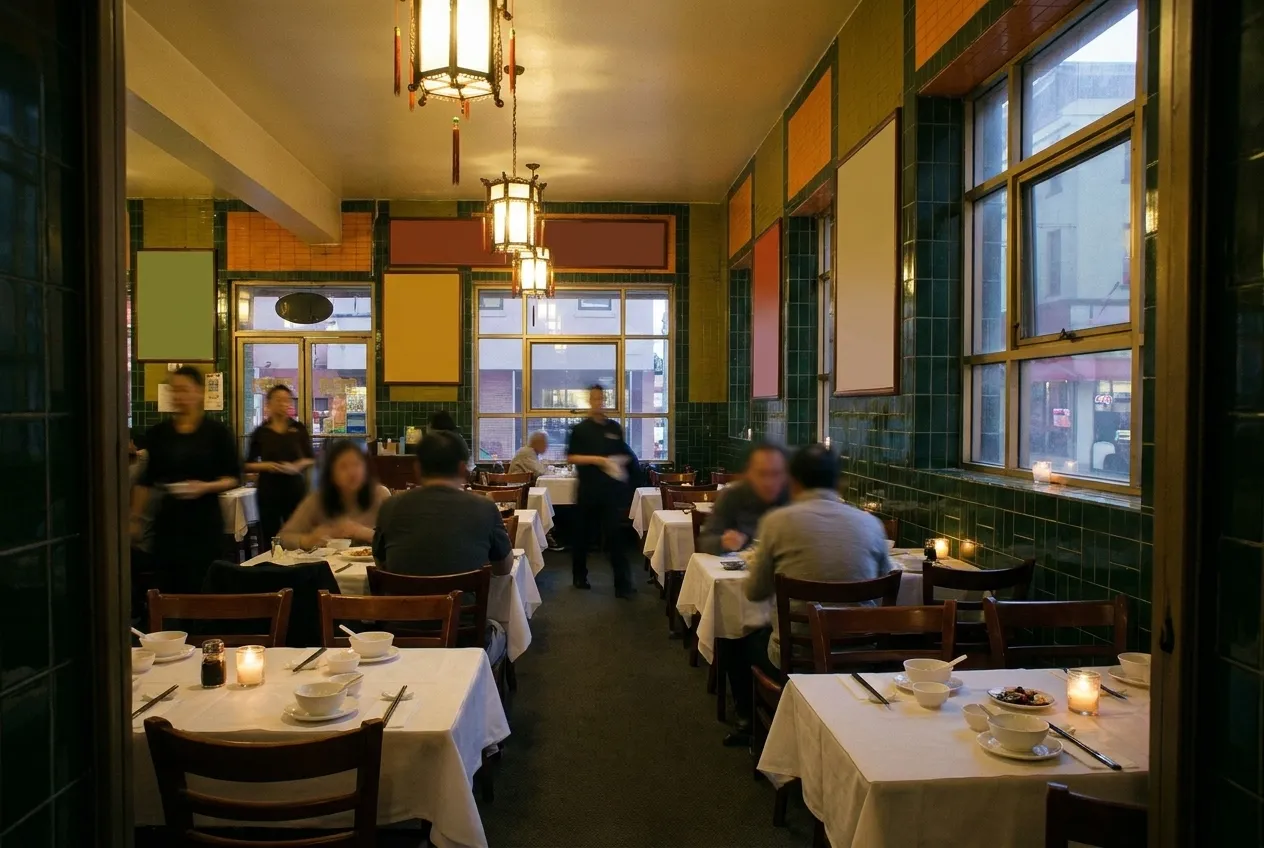 A narrow dining room seen from the door, tables set and lamps low, early in service