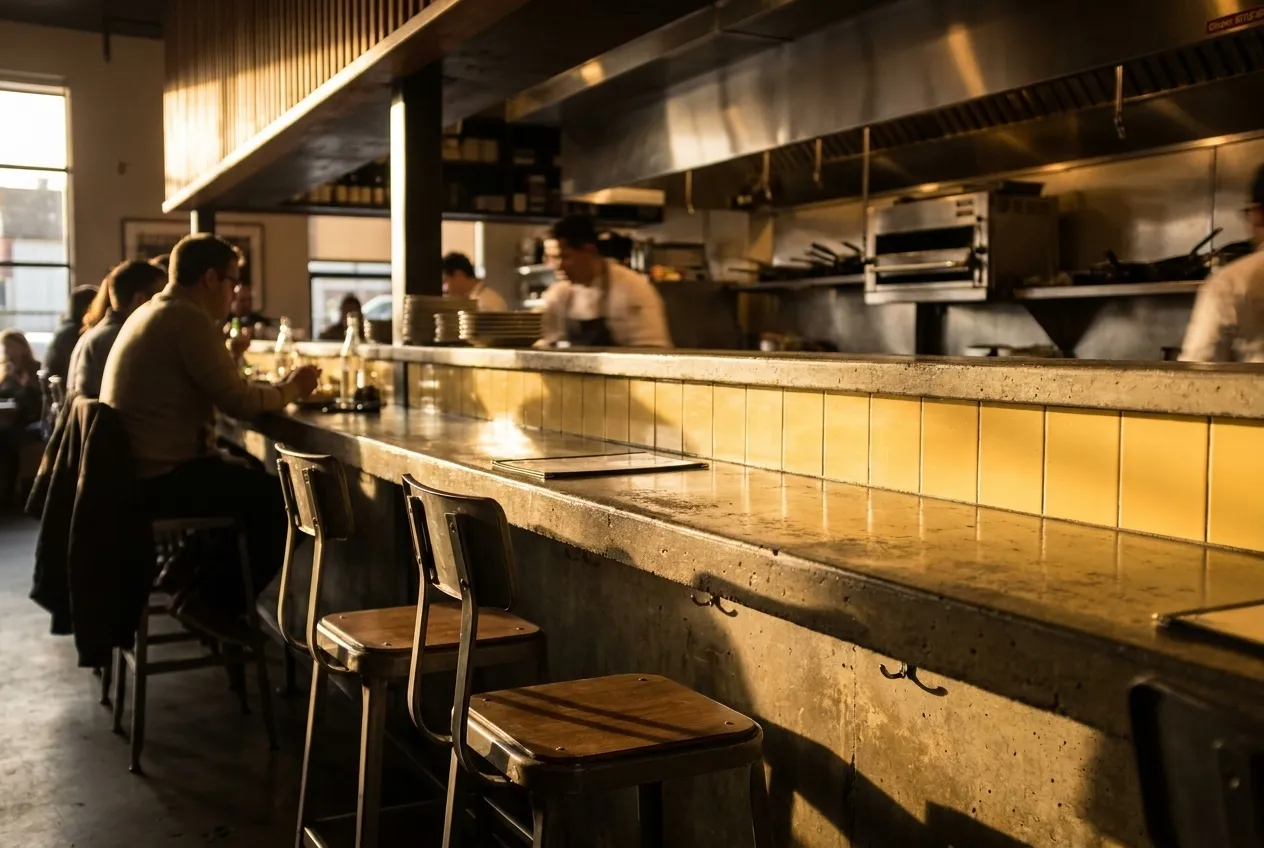 A row of counter stools facing an open kitchen, two seats still empty