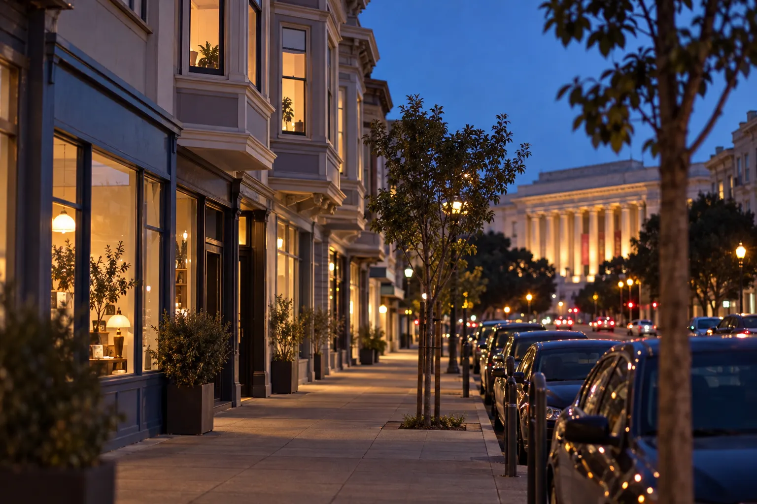 A Hayes Valley corner at dusk with low buildings and a lit performance hall beyond