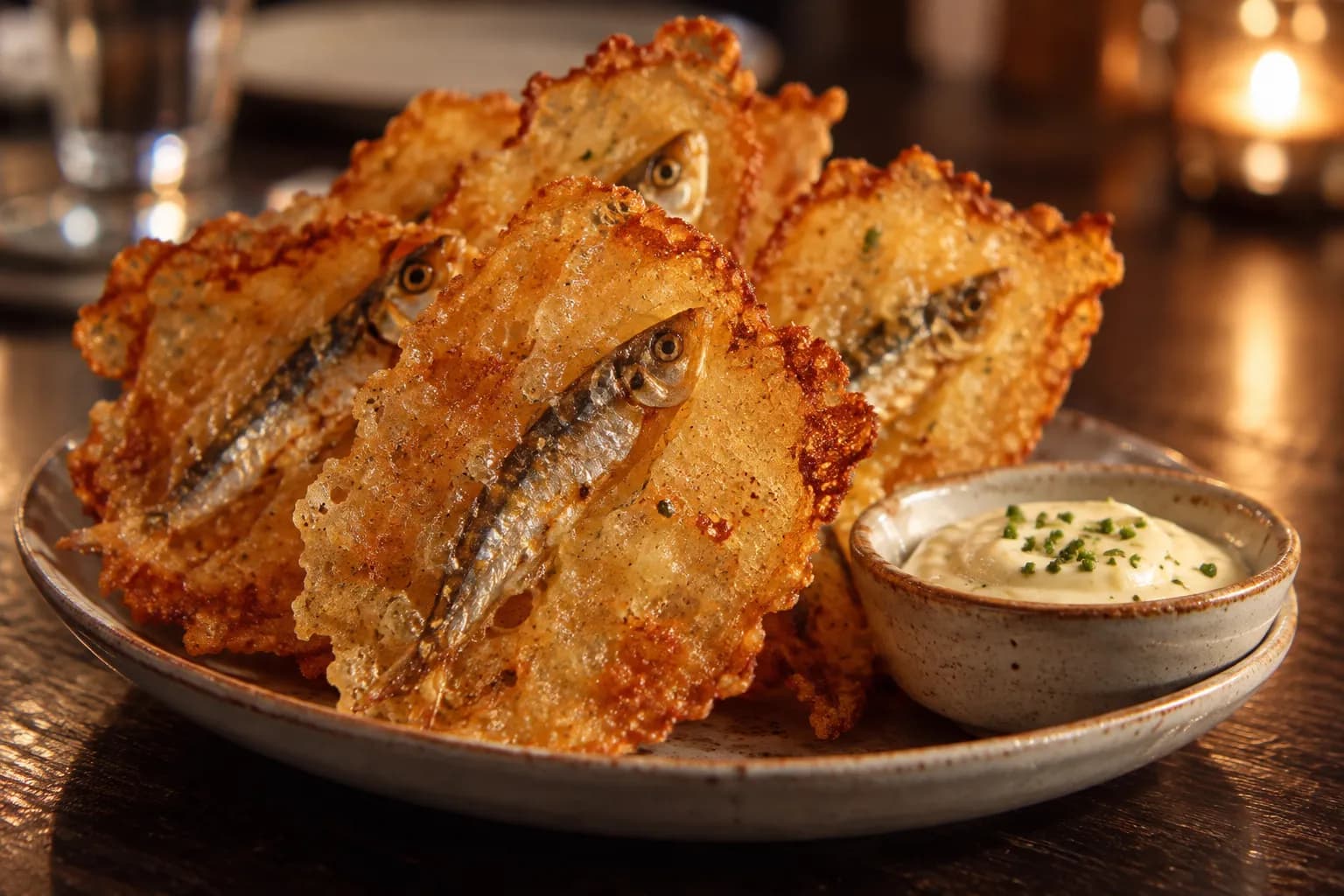 Thin crisps with a whole small fish baked through them on a plate
