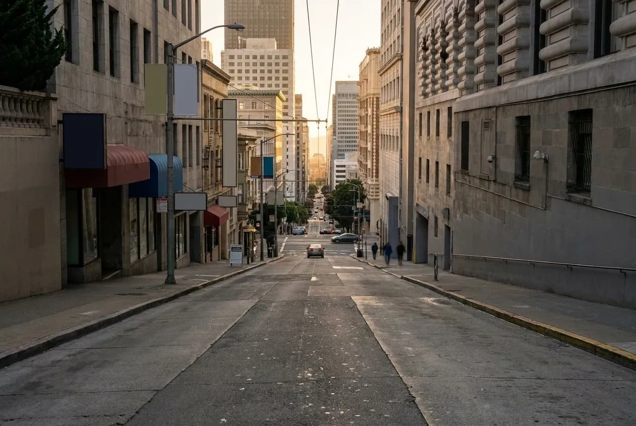 A steep street falling away downhill toward taller buildings in the distance