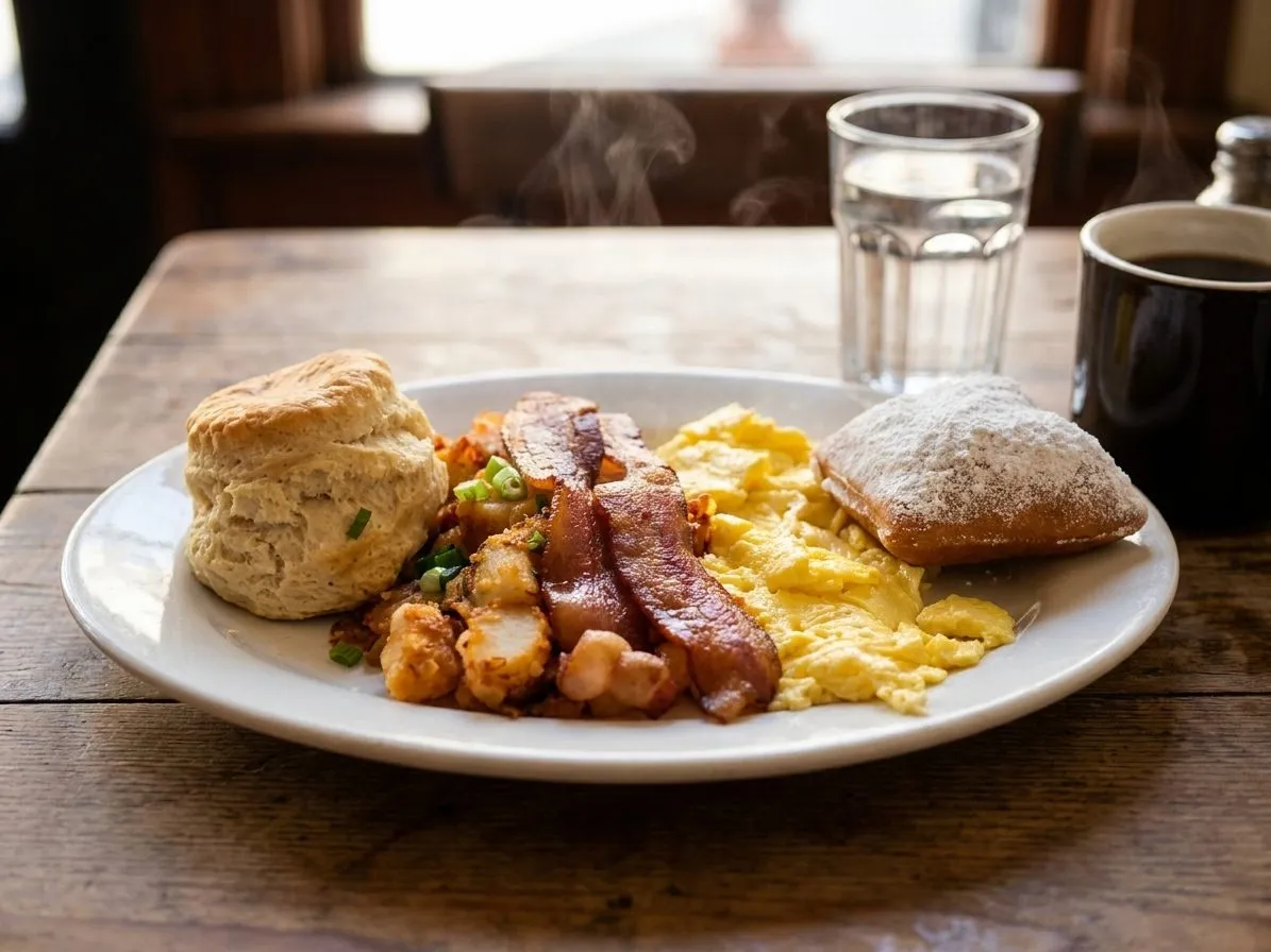 Breakfast spread with pastries and savory plates on a busy café table