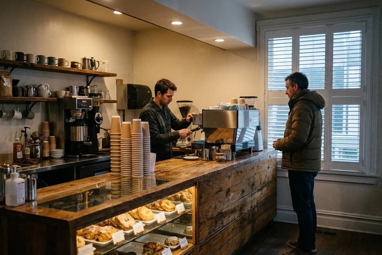 A small San Francisco cafe counter at dawn with an espresso machine, a pastry case below and weak grey light from the window
