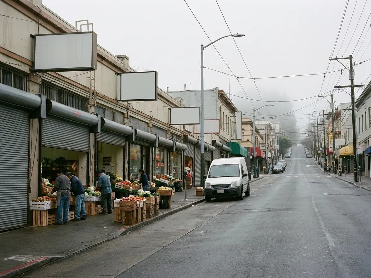 A Chinatown street in San Francisco at seven in the morning with crates being set out and roller shutters half raised
