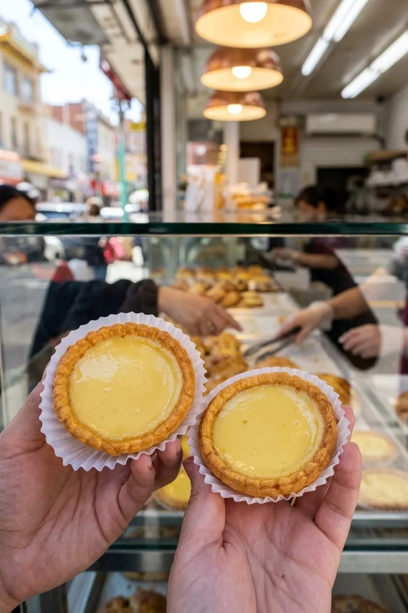 Egg tarts in a Chinatown bakery display