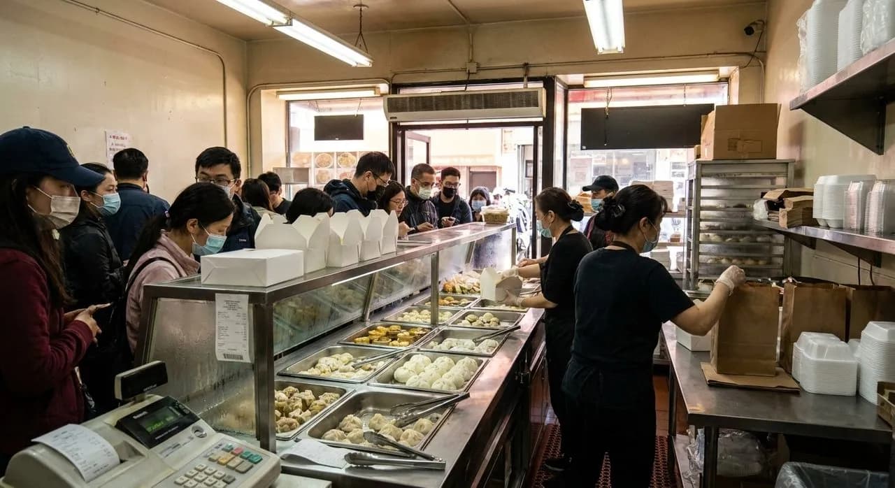 Busy dim sum counter with boxed pastries