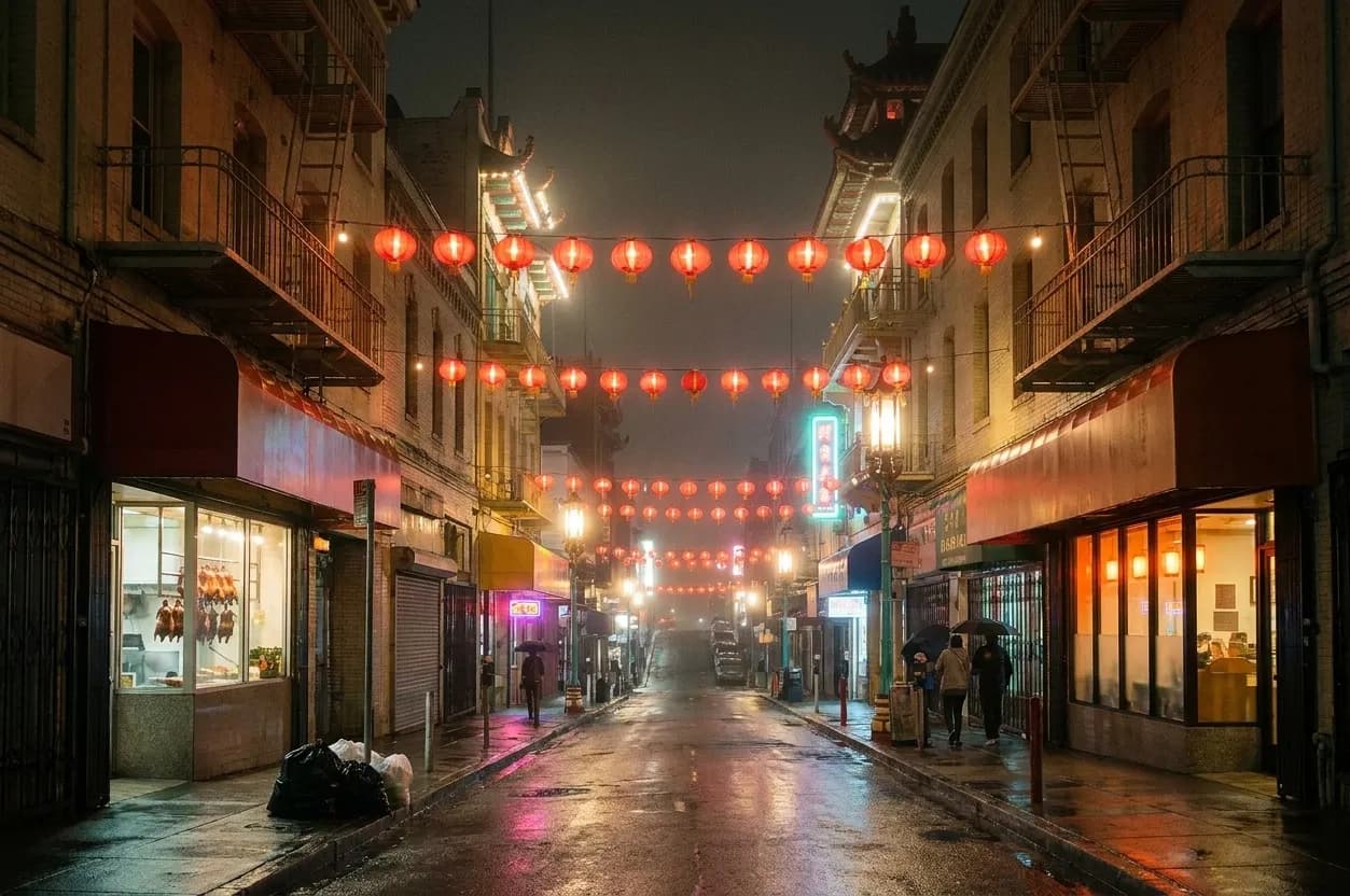 A steep San Francisco Chinatown street at night with red lanterns strung overhead, warm light spilling from two restaurant windows and wet asphalt reflecting red and gold under fog