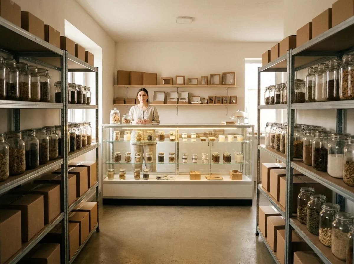 A small retail interior with a single glass counter of unlabelled jars, display shelving behind and one staff member at the register
