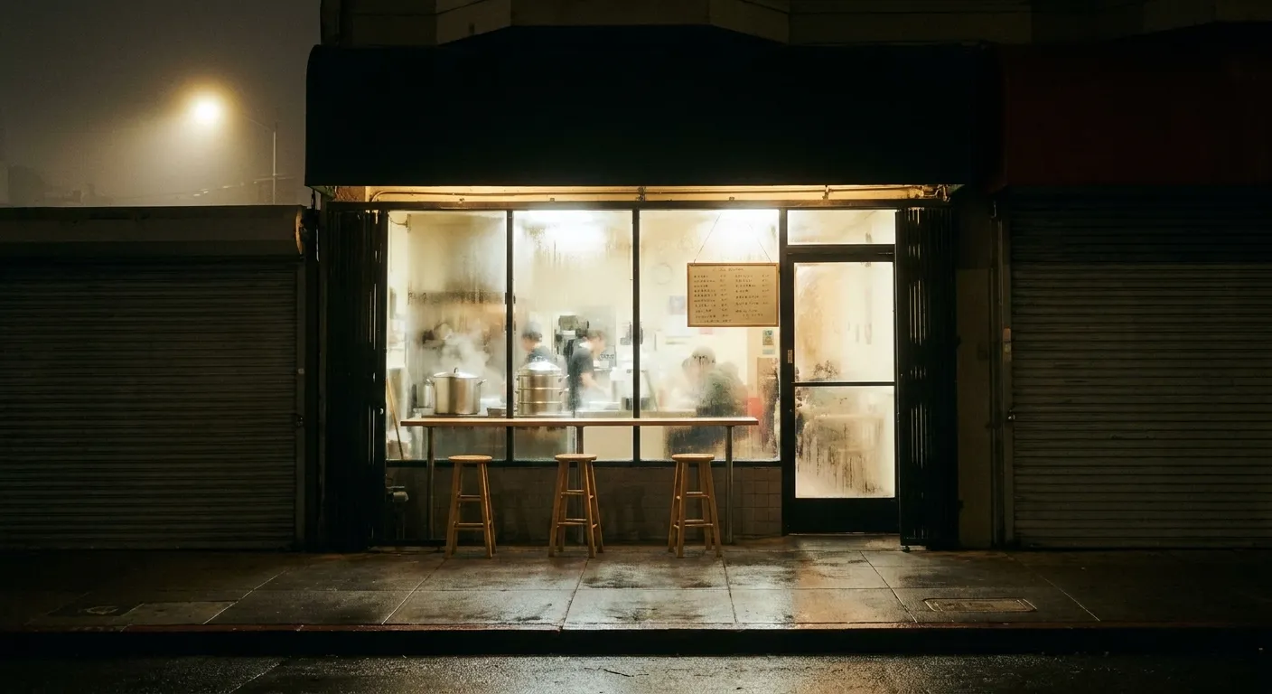 A small noodle shop seen from the street late at night, its window fogged with condensation over stainless steam kettles and empty stools, between shuttered shops on wet pavement under fog-haloed light