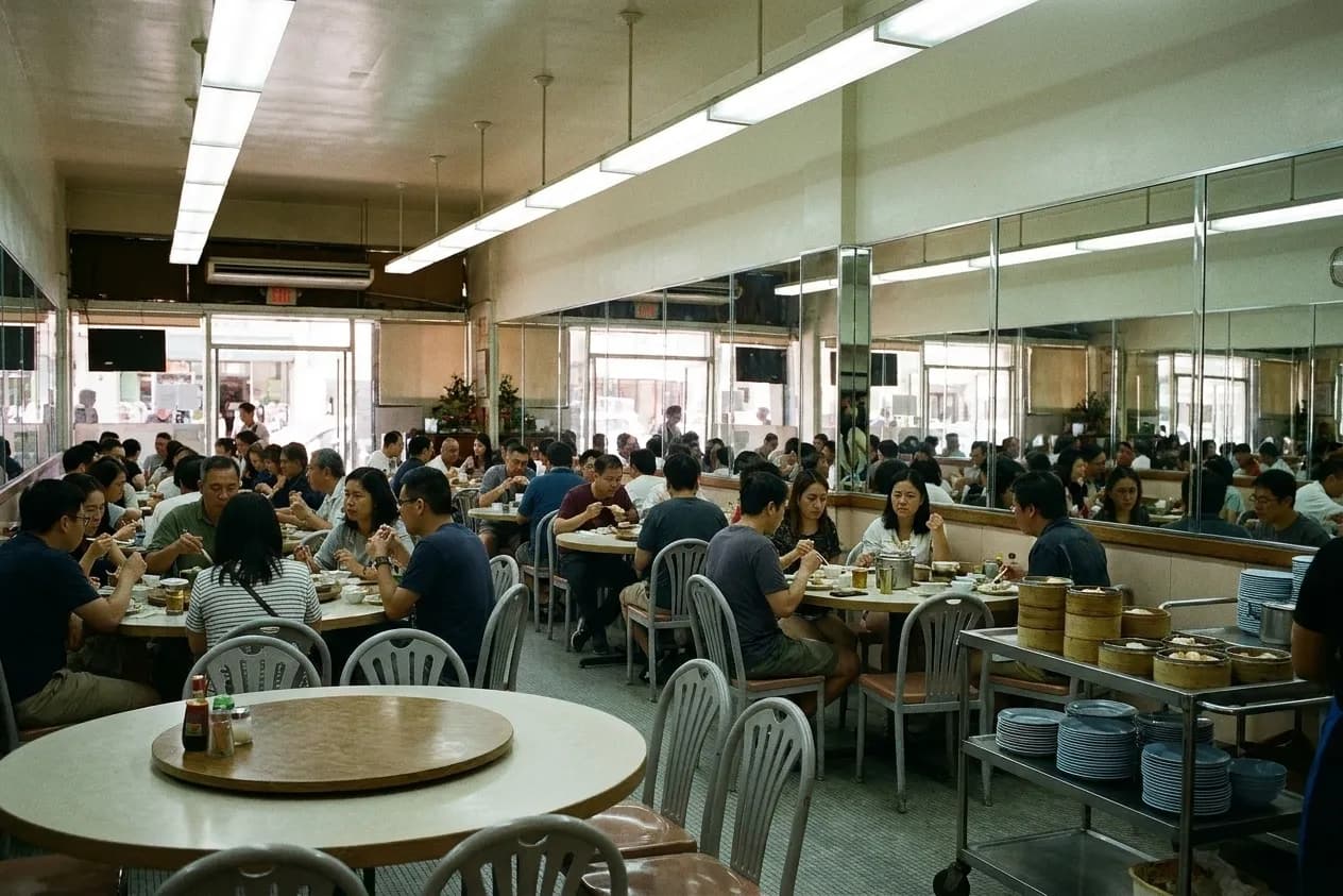 A plain busy San Francisco dining room at lunchtime with round tables, lazy susans and fluorescent lighting