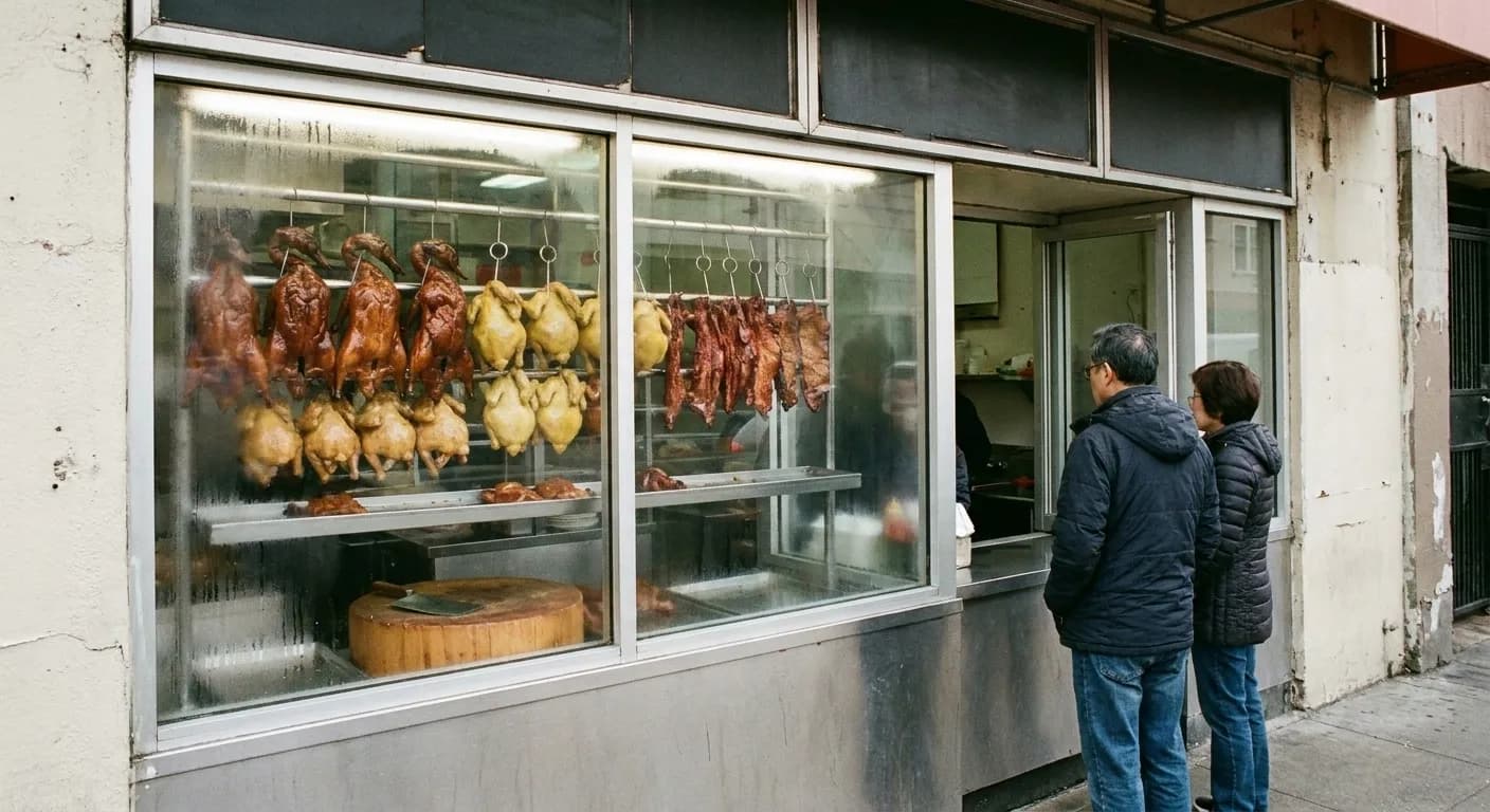 A San Francisco roast meat shop window with glazed birds and roast pork hanging on hooks above a chopping block