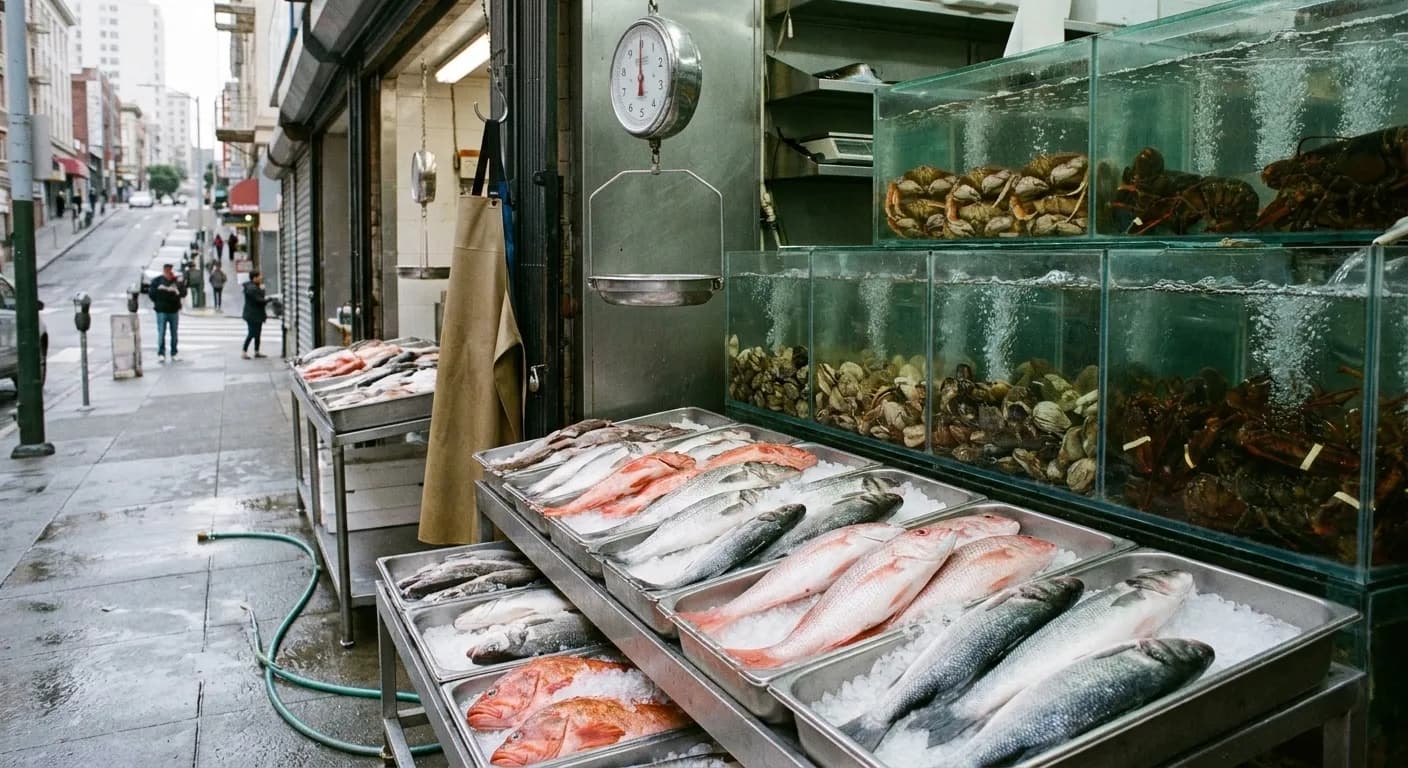 A Chinatown seafood frontage in San Francisco at mid-morning, steel trays of whole fish on crushed ice angled toward the pavement in front of bubbling live tanks and a hanging scale