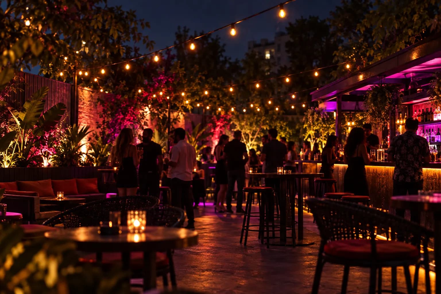 An outdoor club patio at night strung with lights