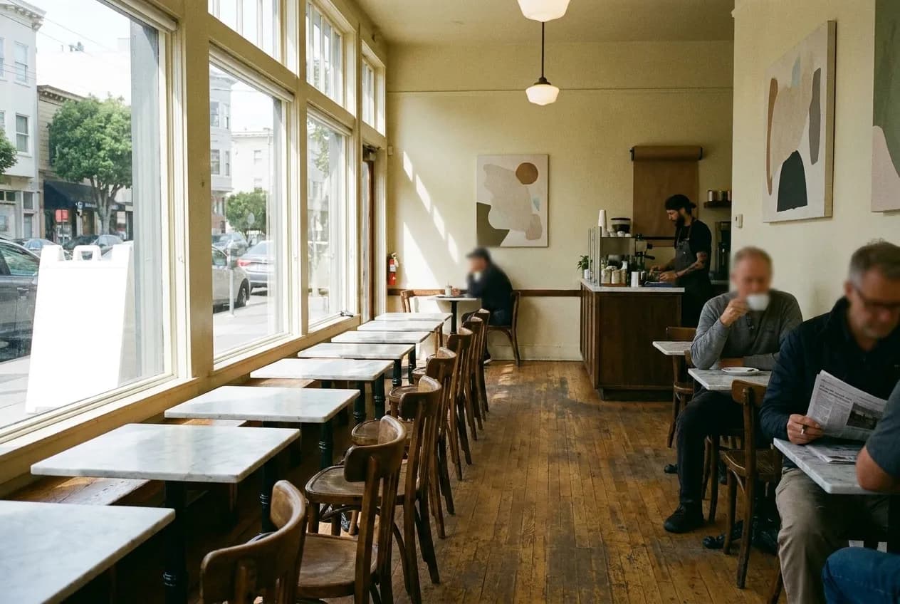 A narrow cafe room with small marble-topped tables along a window, morning light flattening everything