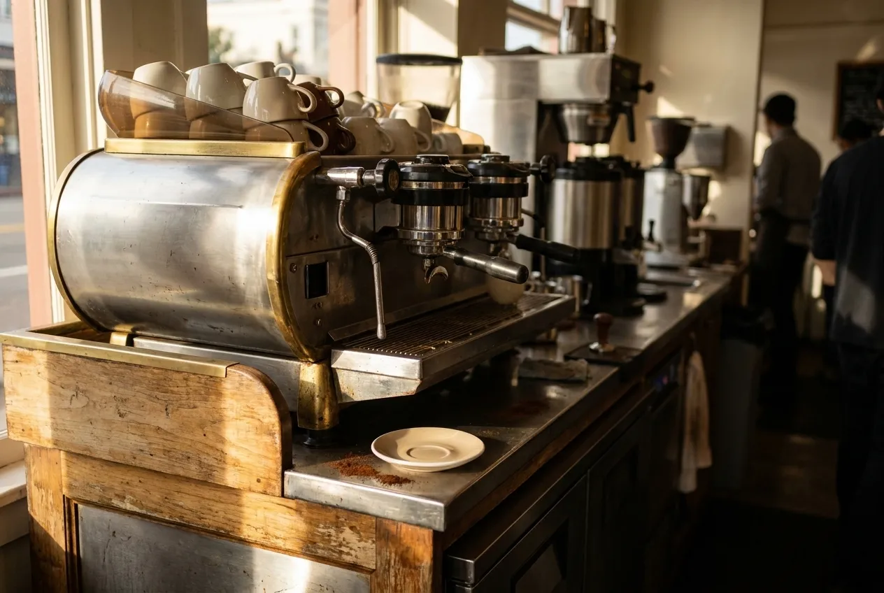 A worn espresso counter with cups stacked on the machine and one saucer waiting