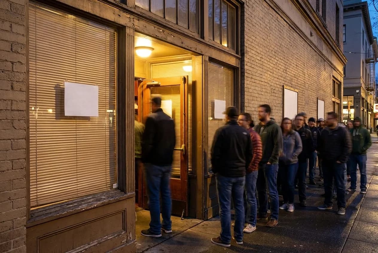 A queue along a wall outside a lit venue entrance in the evening