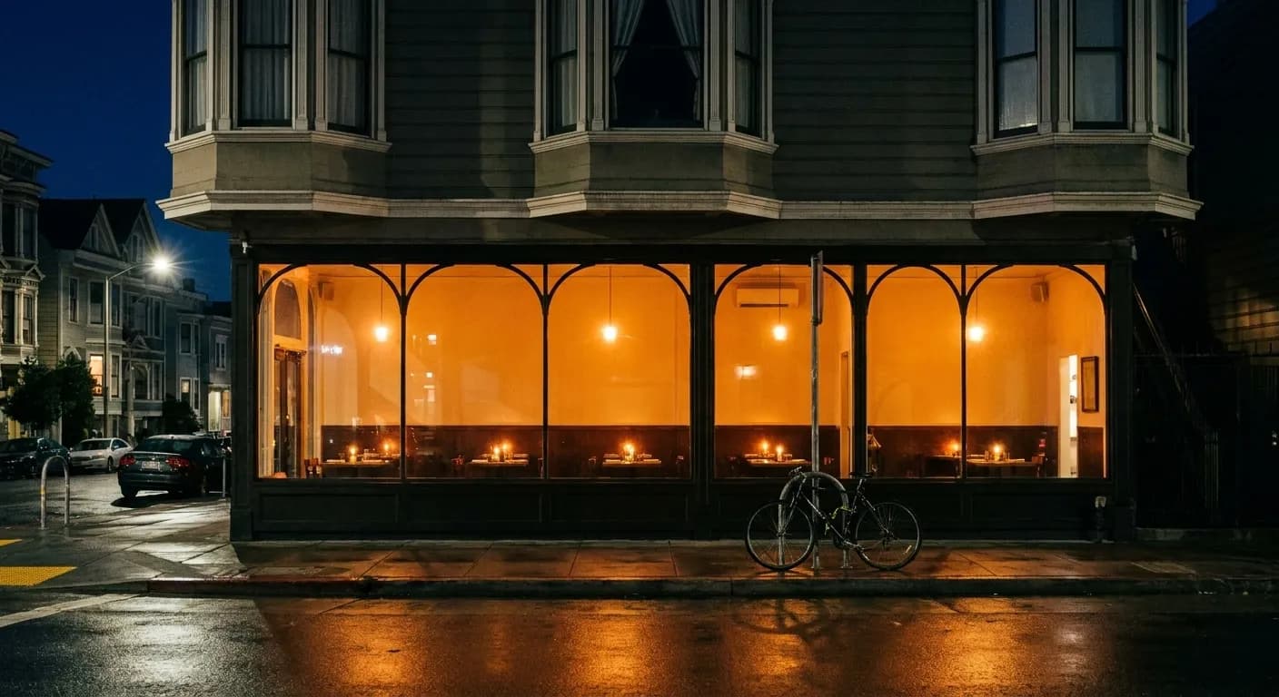 A small San Francisco restaurant seen from across the street on a cold clear night, its tall arched windows glowing amber with candlelit tables inside beneath a bay-windowed Victorian