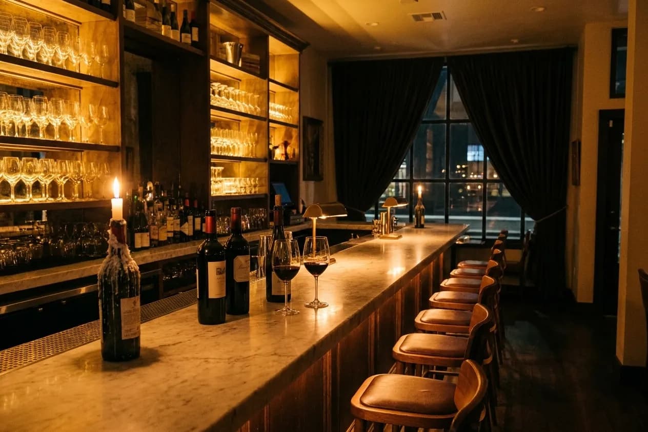 A narrow San Francisco wine bar late in the evening, with a marble counter and stools, open bottles and two glasses of red beside a candle, and backlit glassware on the shelves behind