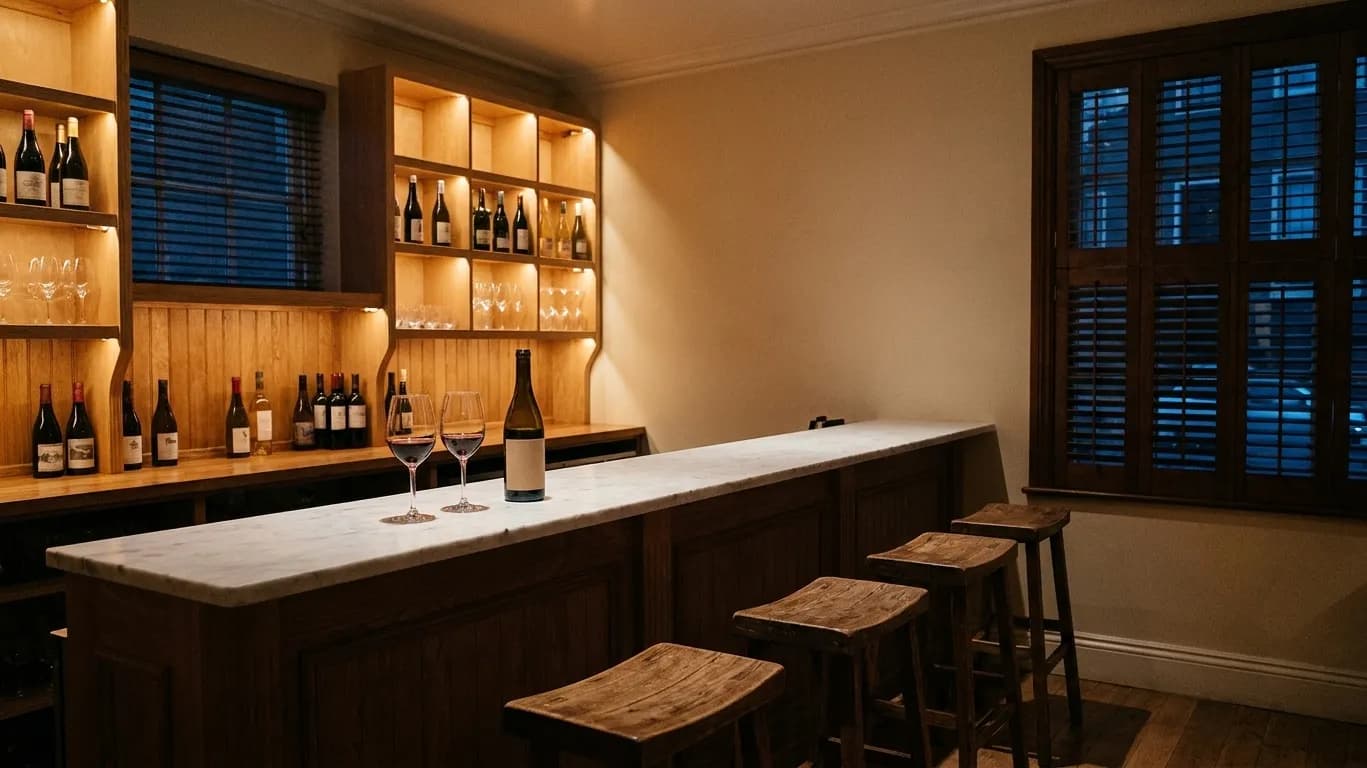 A short marble wine bar counter in San Francisco at night with two glasses, an open bottle and softly lit backbar shelving