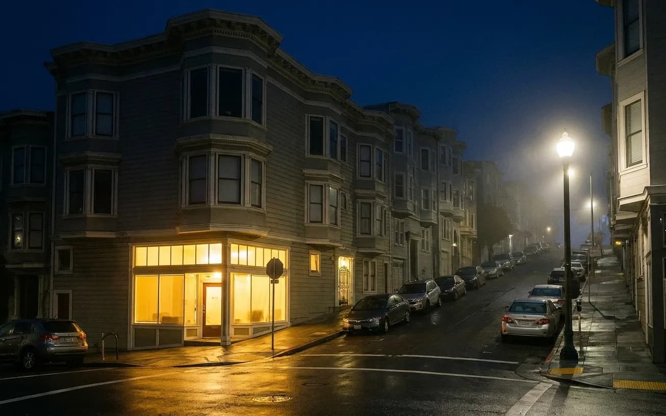 A quiet sloping San Francisco side street at night with two warmly lit ground-floor windows and mist around a streetlight