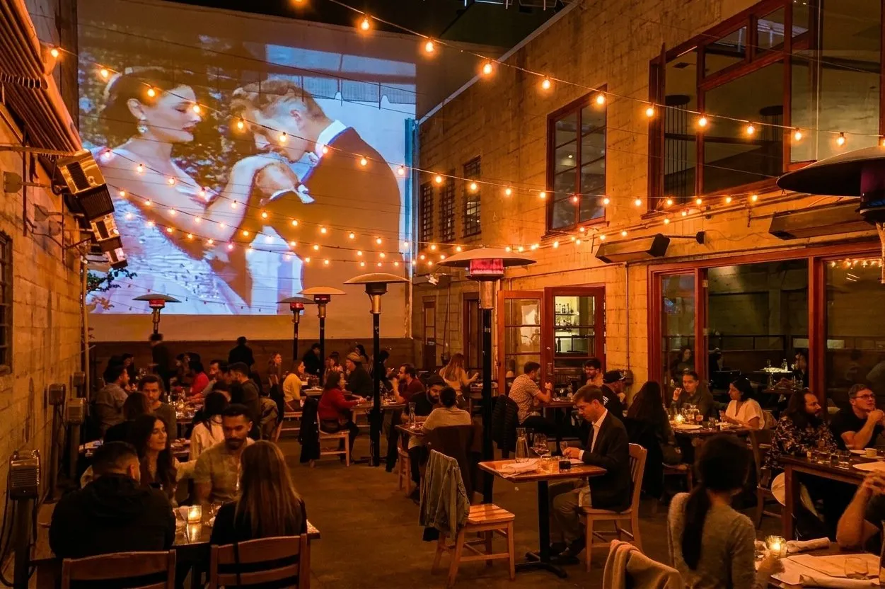 Courtyard tables at Foreign Cinema in San Francisco at dusk