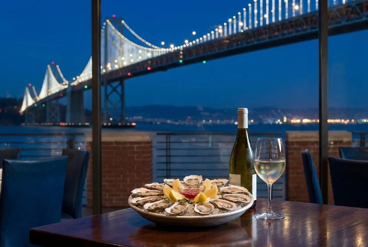 Seafood and wine on a table with Bay Bridge lights in the background