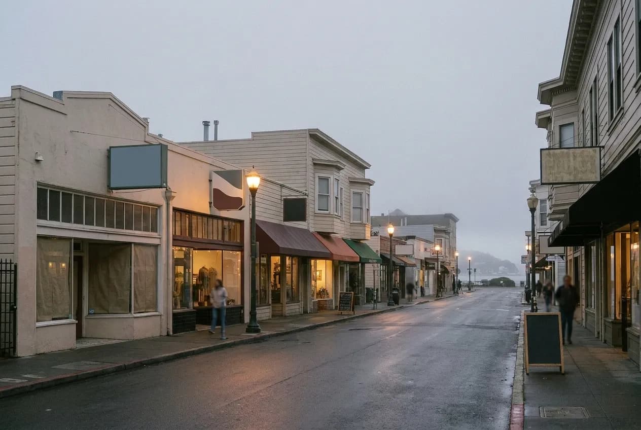 A flat neighbourhood street of pale low buildings and shopfronts in the early evening