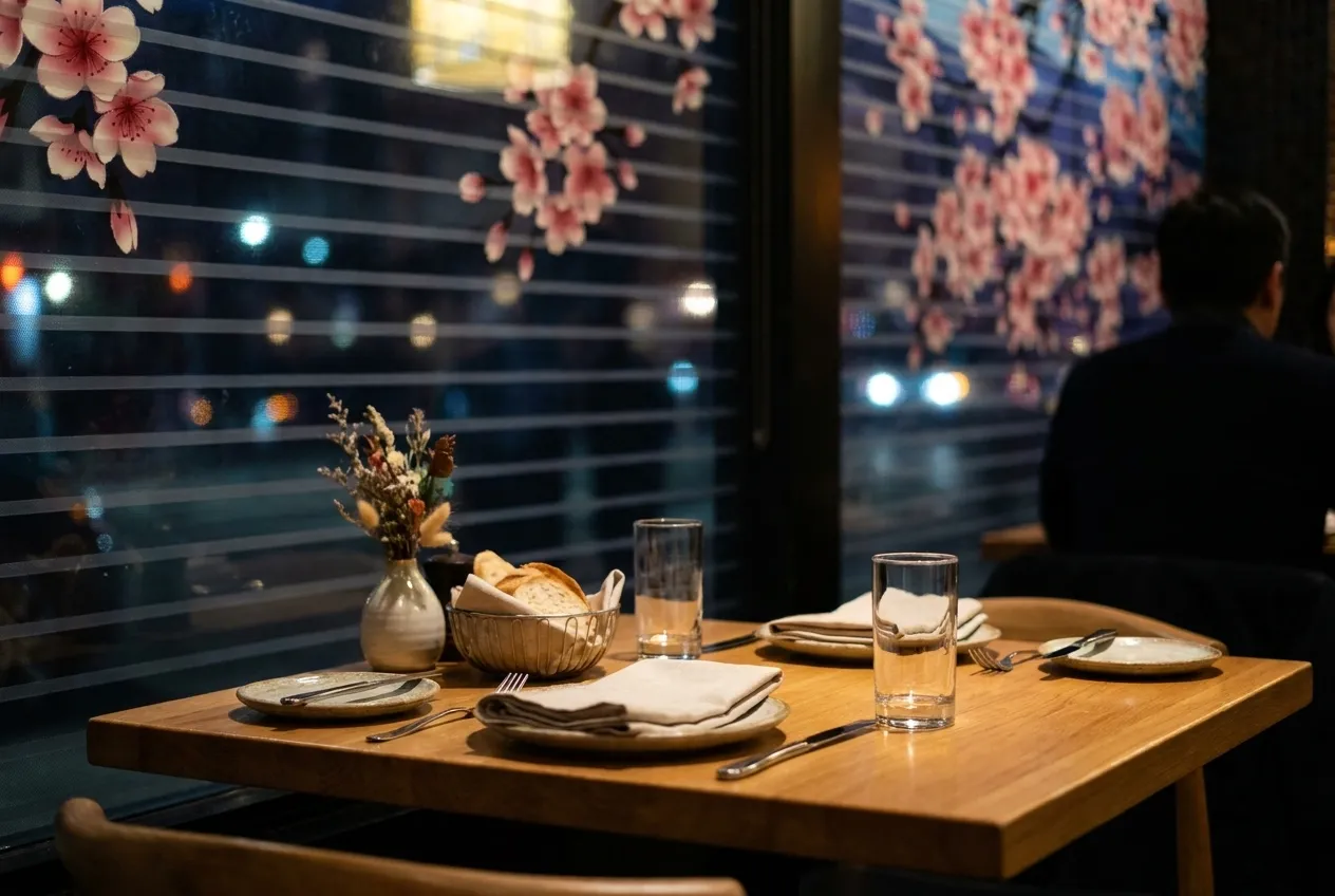 A table set beside a window, the street beyond it blurred and dark