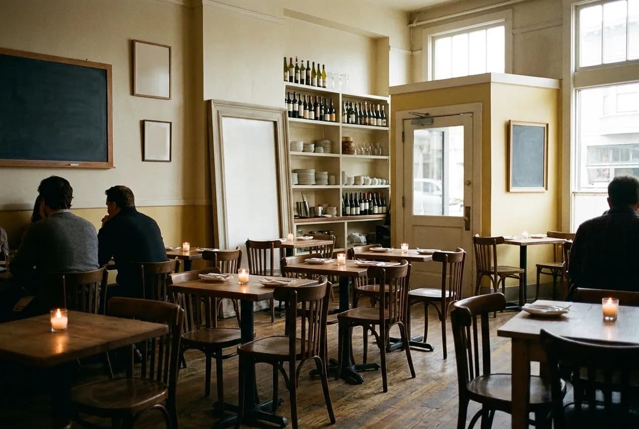 A low-lit dining room of small tables, candles on each, seen from the entrance