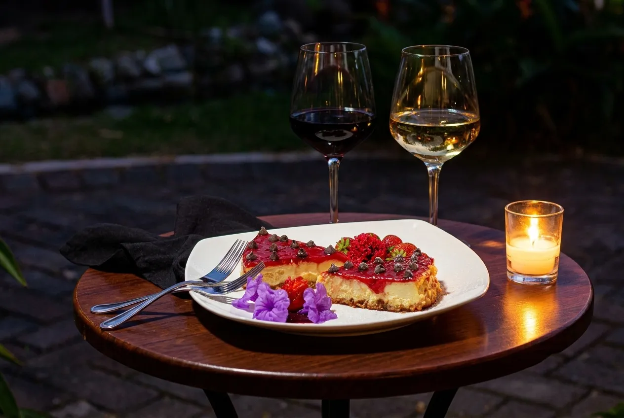 Two glasses and a shared plate on a small dark table, candle at the edge