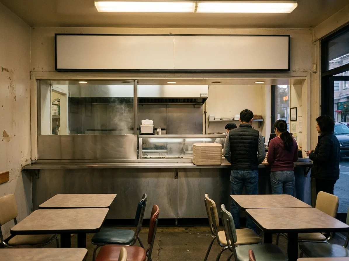 A small San Francisco counter-service restaurant at dinner time, stainless counter and steam well behind, laminate tables in front