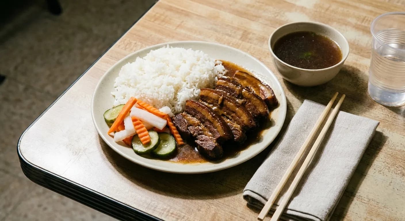 A generous plate of rice, sliced braised meat and pickles with a bowl of broth on a laminate table under hard overhead light