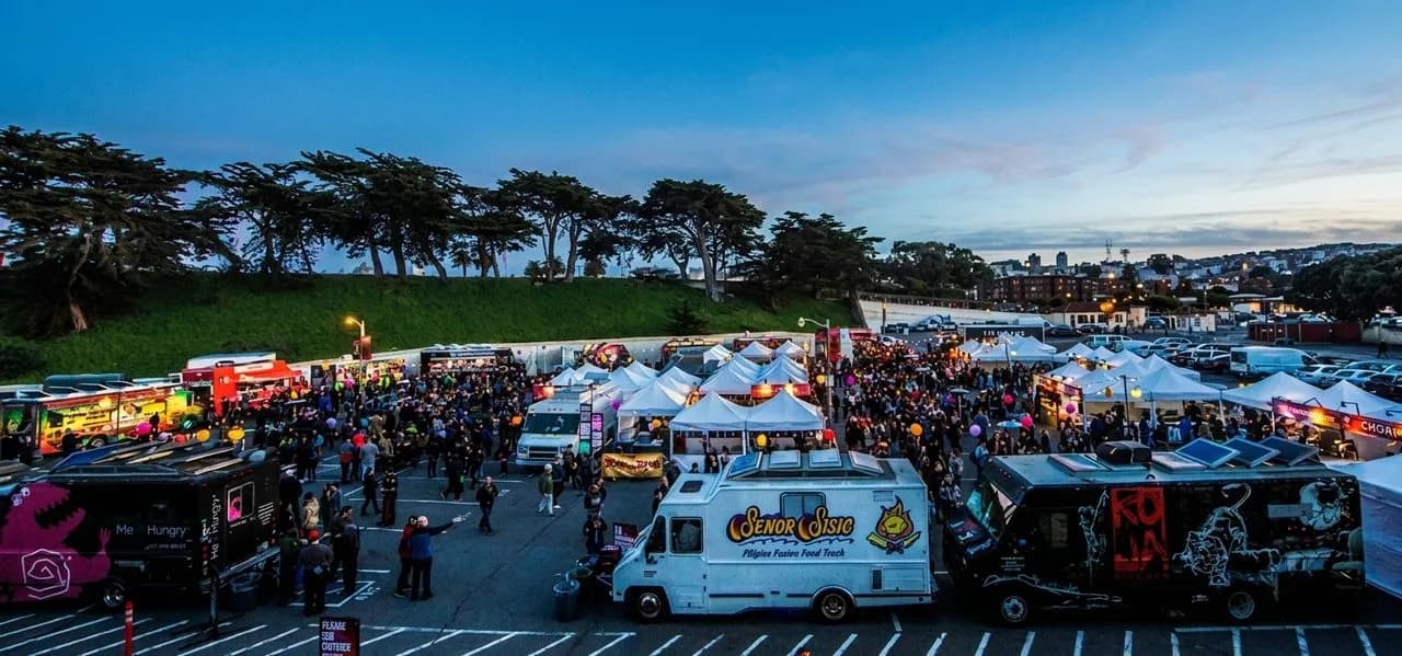 Food trucks and evening crowds at Fort Mason in San Francisco