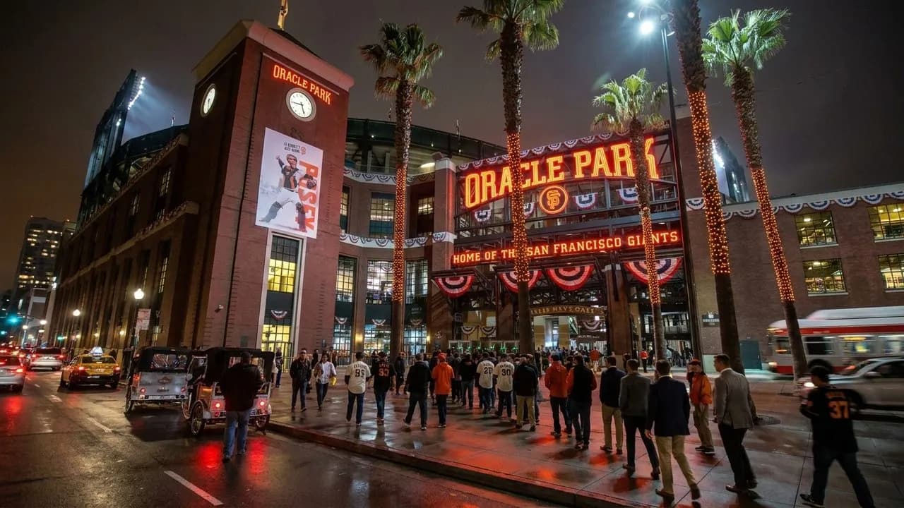 Nighttime exterior of Oracle Park after work in San Francisco