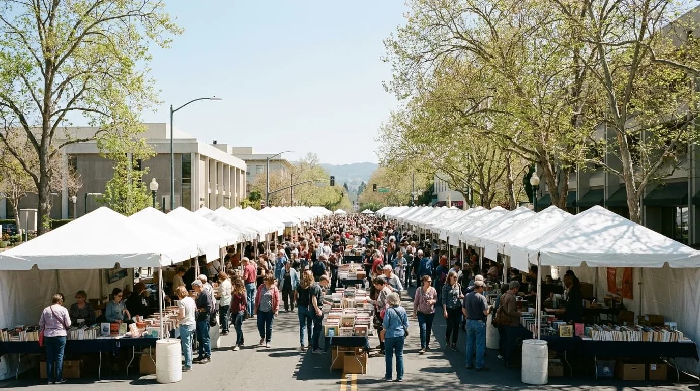 An outdoor book fair with white tents and browsing crowds filling a downtown Berkeley street on a bright spring day.