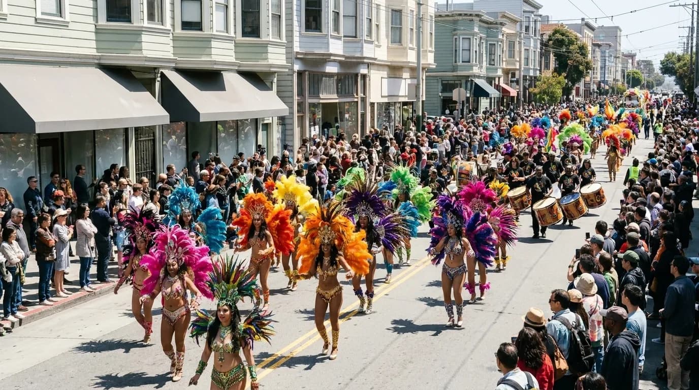A parade of costumed dancers in feathered headdresses moving up a San Francisco street lined with spectators.