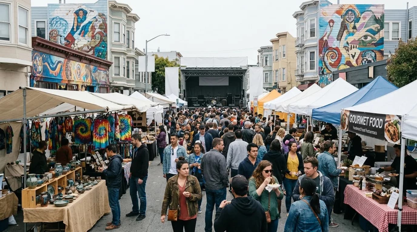 A packed street festival with stalls and a stage, crowds filling the roadway between low buildings.